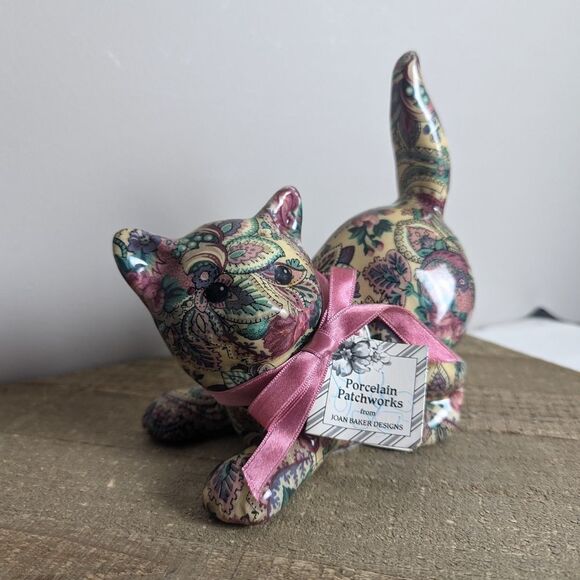 Joan Baker Designs Porcelain Patchworks Cat Pink and Green Sculpture Art Piece - Picture 2 of 9